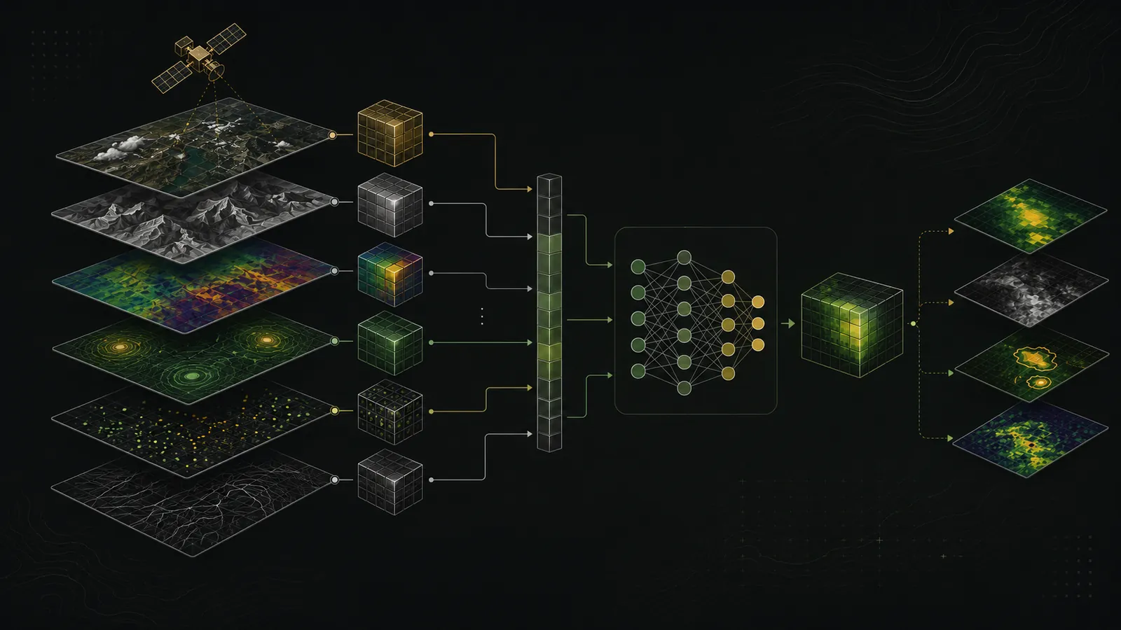The full path: territory data layers → patches → neural network → prediction, uncertainty and target maps