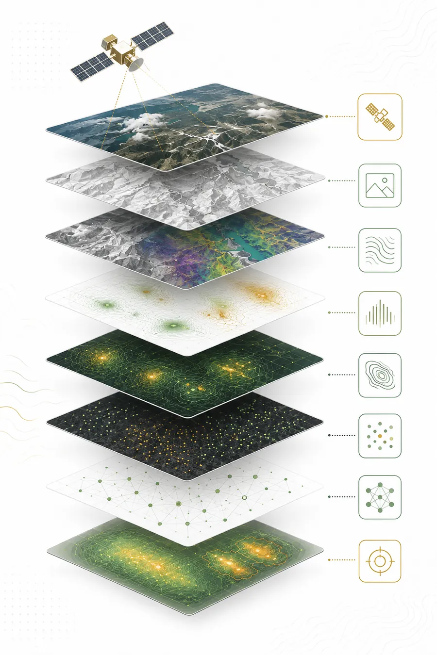 Data layers of one territory: imagery, terrain, geophysics, geochemistry, structures — and the resulting targets